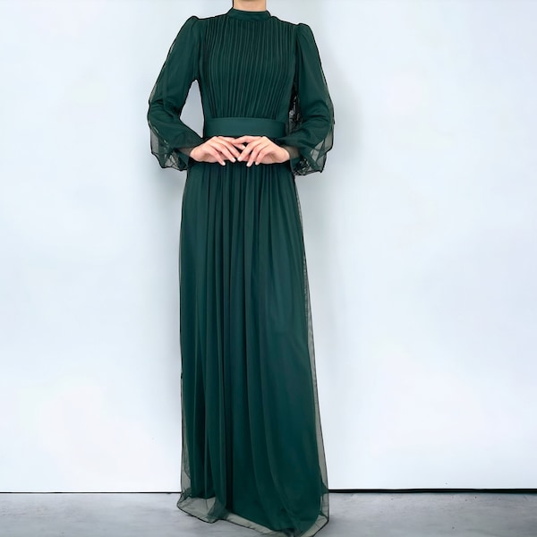 Muslimisches Abendkleid Maxi Langarm - Hijab Abiye Abaya - Tüllkleid mit Gürtel - Modest Fashion Verschiedene - Hijab Dress