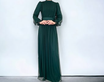 Abito da sera musulmano Maxi manica lunga - Hijab Abiye Abaya - Abito in tulle con cintura - Vari moda modesta - Abito Hijab