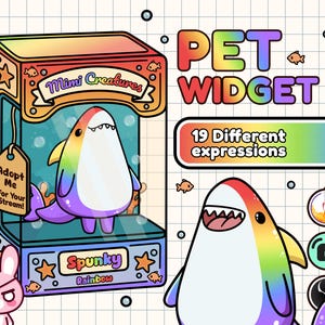 Könnte beinhalten: Ein farbenfrohes digitales Kunstwerk mit einem Regenbogenhai-Charakter namens Spunky in einem Automaten. Der Text "PET WIDGET" und "19 verschiedene Ausdrücke" sind ebenfalls zu sehen. Ein rosa Kaninchen-Charakter ist ebenfalls vorhanden.
