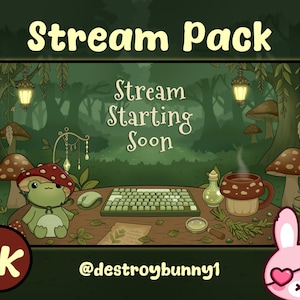 Op de afbeelding: Een digitale illustratie van een stream pack met een bos thema. De woorden "Stream Pack" en "Stream Starting Soon" worden weergegeven. Een kikker met een paddenstoelhoed zit in de buurt van een toetsenbord en muis. Een roze konijn met een ooglapje staat in de hoek.