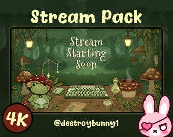 May include: A digital illustration of a stream pack with a forest theme. The words "Stream Pack" and "Stream Starting Soon" are displayed. A frog wearing a mushroom hat sits near a keyboard and mouse. A pink bunny with an eye patch is in the corner.