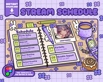 Lavendel wöchentliche Sendeplan Vorlage | Bearbeitbares Figma VTuber Twitch Overlay 1080p