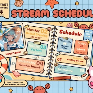 K&ouml;nnte beinhalten: Eine digitale Stream-Zeitplanvorlage mit Strandmotiv. Das Design zeigt ein Cartoon-Bild einer Person, einen Zeitplan mit Spieletiteln und den Text "STREAM SCHEDULE". Enth&auml;lt den Text "INSTANT DOWNLOAD" und "THIS TEMPLATE IS FOR EDITING IN FIGMA".