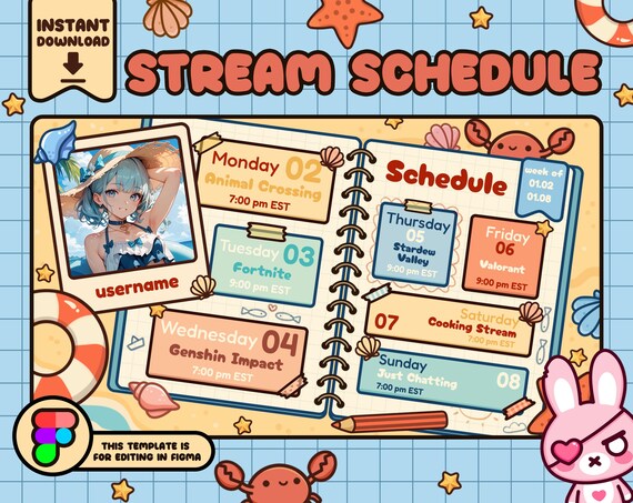 Summer Ocean Stream Schedule Template: Editable Twitch Figma Template (PDF Guide Included