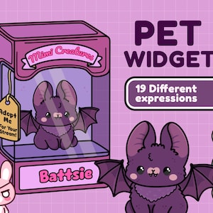 Può includere: Un pipistrello viola dei cartoni animati di nome Battsie è mostrato in una scatola in stile distributore automatico. La scatola presenta il testo "Mimi Creatures" e "Adopt Me For Your Stream!". L'immagine include anche il testo "PET WIDGET" e "19 Different expressions".