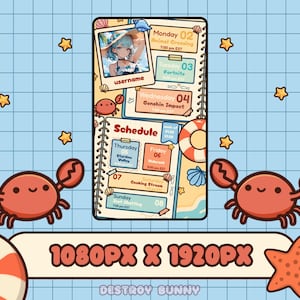 K&ouml;nnte beinhalten: Ein digitaler Planer mit Strandmotiv, mit einem Foto, einem Zeitplan und Krabbenillustrationen. Der Planer enth&auml;lt den Text "Animal Crossing", "Fortnite" und "Genshin Impact". Das Bild enth&auml;lt auch den Text "1080PX X 1920PX" und "DESTROY BUNNY".