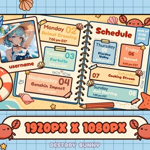 K&ouml;nnte beinhalten: Ein digitaler Planer mit Strandmotiv, der ein Foto eines Anime-Charakters und einen Wochenplan zeigt. Der Zeitplan enth&auml;lt Spielzeiten f&uuml;r Animal Crossing, Fortnite, Genshin Impact, Stardew Valley und Valorant. Der Planer ist mit Krabben, Seesternen und Muscheln verziert.