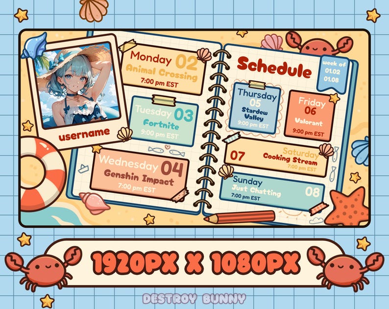 K&ouml;nnte beinhalten: Ein digitaler Planer mit Strandmotiv, der ein Foto eines Anime-Charakters und einen Wochenplan zeigt. Der Zeitplan enth&auml;lt Spielzeiten f&uuml;r Animal Crossing, Fortnite, Genshin Impact, Stardew Valley und Valorant. Der Planer ist mit Krabben, Seesternen und Muscheln verziert.