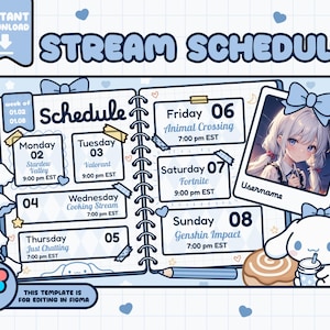 May include: A blue and white illustrated planner with a weekly schedule for streaming. The planner includes a schedule for Monday through Sunday with the times and games to be streamed. The planner also includes a cute cartoon character with a donut and a drink.