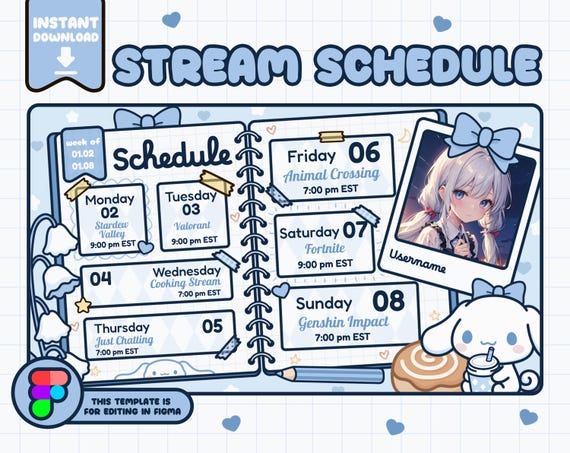 Weekly Stream Schedule Template | VTuber Figma | Twitch YouTube Streamer Overlay