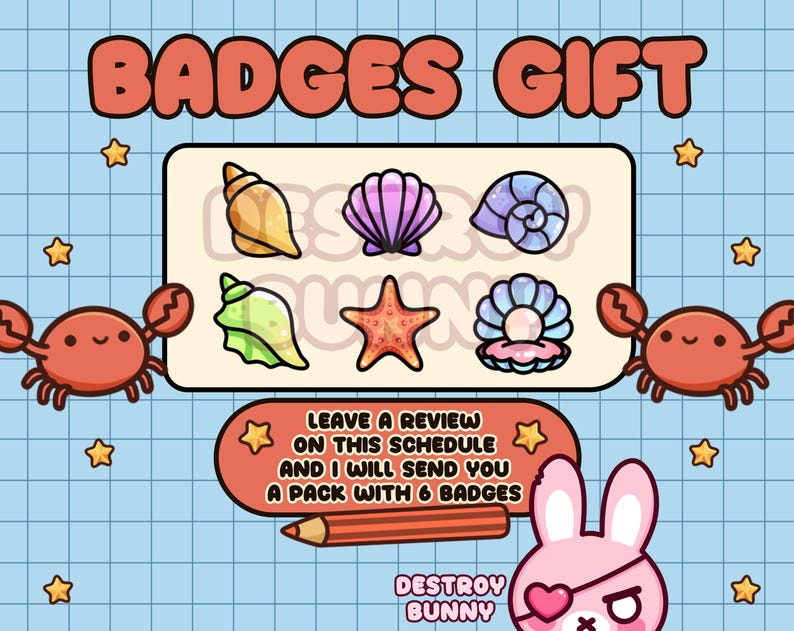 K&ouml;nnte beinhalten: Werbebild mit sechs Abzeichen in Form von Muscheln. Das Bild zeigt Cartoon-Krabben, Sterne und ein rosa Kaninchen. Der Text lautet "BADGES GIFT" und "LEAVE A REVIEW...A PACK WITH 6 BADGES."