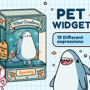Könnte beinhalten: Ein Cartoon-Hai-Charakter in einem Automaten-Display. Das Gehäuse ist hellblau mit orangefarbenen Stern- und Fischdekorationen. Der Text lautet "Mimi Creatures", "Spunky" und "Adopt Me For Your Stream!". Das Bild zeigt auch "Pet Widget" und "19 verschiedene Ausdrücke".