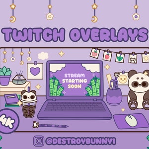 Paquete ANIMADO 4K Cute Purple Desk Twitch Stream con superposiciones de té Panda y boba, escenas animadas, jugabilidad, chat + 13 paneles
