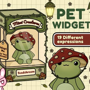 May include: A digital art illustration of a green frog wearing a red mushroom cap, labeled "Toadshroom." The image includes a pink bunny with an eye patch, a display case with the text "Mimi Creatures," and the words "Pet Widget" with "19 Different expressions."