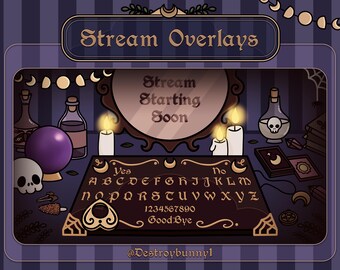 May include: A digital stream overlay with a mystical theme. The design features a Ouija board, candles, a crystal ball, and potion bottles. The text "Stream Overlays" and "Stream Starting Soon" are displayed.