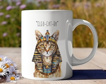 Funny Cleopatra Cat Mug 11oz Coffee Lover Egyptian Gift Ceramic Watercolour Artwork for Cat Owner 15oz Pet Present Tea Mug for Cat Lover