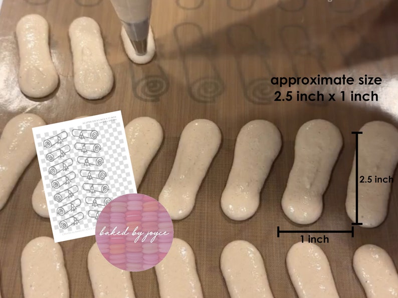 May include: A close-up of a baking sheet with piped meringue cookies in the shape of diplomas. The cookies are approximately 2.5 inches by 1 inch. The text "approximate size 2.5 inch x 1 inch" is visible in the image.