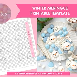 Może przedstawiać: Różowy baner głosi "Winter Meringue Printable Template". Obraz przedstawia cyfrowy szablon do pobrania z motywami zimowymi i talerz z bezami. Ciasteczka obejmują bałwanki, rękawice i płatki śniegu. Tekst "Baked by Joyce" znajduje się w różowym okręgu.