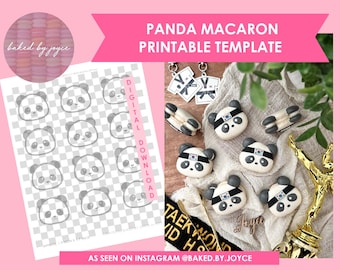 May include: Printable template for panda macaron cookies. The template features 12 panda faces with black eyes and a black nose. The template is on a checkered background. The image also shows a close-up of panda macaron cookies with black belts and the text "Taekwondo" and "Joyo".