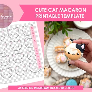 May include: Printable template for making cute cat macaron cookies. The template features nine cat faces on a checkered background. The text "CUTE CAT MACARON PRINTABLE TEMPLATE" is at the top of the image. The text "DIGITAL DOWNLOAD" is on the right side of the image. The text "APPROX 2 INCH X 1 INCH" is at the bottom of the image.