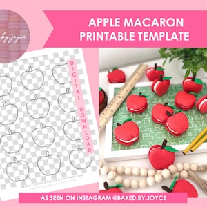 Pode incluir: Modelo imprimível para macarons em forma de maçã. O modelo apresenta 12 formas de maçã em uma grade com quadrados de 2,5 cm. A imagem também mostra um close-up de macarons vermelhos em forma de maçã com recheio branco, dispostos em um quadro negro verde com uma moldura de madeira.