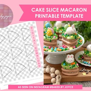 Könnte beinhalten: Druckbare Vorlage für Kuchenstück-Macarons. Die Vorlage enthält sechs Kuchenstückformen auf einem karierten Hintergrund. Das Bild zeigt auch eine Nahaufnahme von dekorierten Kuchenstück-Macarons mit Ostern-Thema.