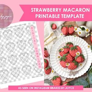 May include: Printable template for making strawberry macaron cookies. The template features a grid of 16 strawberry outlines, perfect for decorating macarons. The image also shows a plate of finished strawberry macarons, with a white background and a wooden surface.