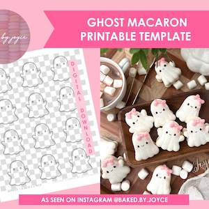 Pode incluir: Modelo imprimível para macarons fantasma. O modelo apresenta 12 formas de fantasmas em um fundo quadriculado. A imagem também mostra um prato de macarons fantasma decorados com laços rosa.