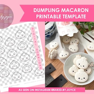 May include: Printable template for making dumpling macaron cookies. The template features 20 dumpling-shaped outlines on a checkered background. The text "DIGITAL DOWNLOAD" is printed vertically on the right side of the template. The image also shows a plate of finished dumpling macarons with a cute face.