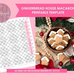 Puede incluir: Gráfico rosa con el texto "GINGERBREAD HOUSE MACARON PRINTABLE TEMPLATE". La imagen muestra macarons de casa de jengibre y una plantilla imprimible con contornos de casas de jengibre. La plantilla mide aproximadamente 5 x 5 cm.