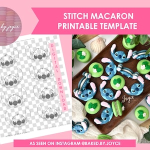 May include: An image featuring Stitch-themed macarons and a printable template. The macarons are blue and green, decorated to resemble the character Stitch. The template shows Stitch's face in a line drawing. Text reads "Stitch Macaron Printable Template".