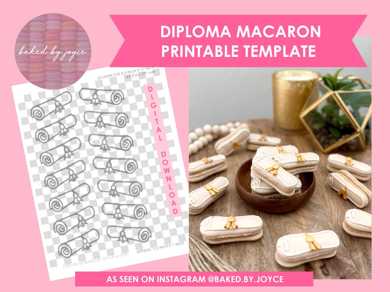 May include: Printable template for diploma-shaped macarons. The template includes 12 diploma outlines on a transparent background. The image also shows decorated macarons with gold accents.