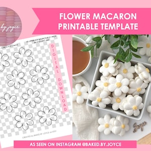May include: Printable template for flower-shaped macarons. The template includes six flower shapes on a checkered background. The template is sized for US letter paper (8.5 inches by 11 inches) and A4 paper (210 mm by 297 mm).