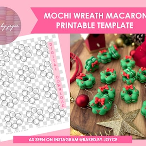 Puede incluir: Plantilla imprimible para un macarrón de mochi en forma de corona. La plantilla es una cuadrícula de círculos, de aproximadamente 5 cm de diámetro. La imagen también muestra un macarrón de corona terminado hecho con mochi verde y caramelos rojos.
