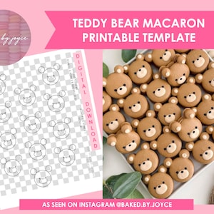 Könnte beinhalten: Druckbare Vorlage zum Herstellen von Teddybär-Macarons. Die Vorlage enthält ein Raster mit 12 Bärenkopf-Umrissen. Das Bild zeigt auch eine Schale mit braunen Teddybär-Macarons.