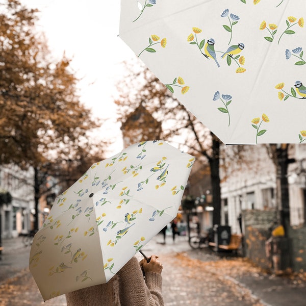 Floral rain and anti-UV umbrella, perfect gift for granny for Mother's Day, Bird, flower art, compact wedding decor, Trendy, eyecatching