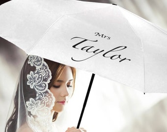 Mr and Mrs personalised wedding umbrella, Just married photoshoot, ideal for rainy or sunny wedding days, anniversary gift for bride