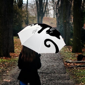 cute cat design umbrella, yin yang cats, elegant fashion accessory, cat lovers, compact fashion umbrella, unique 30th woman birthday present image 1