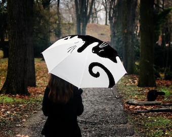 cute cat design umbrella, yin yang cats, elegant fashion accessory, cat lovers, compact fashion umbrella, unique 30th woman birthday present