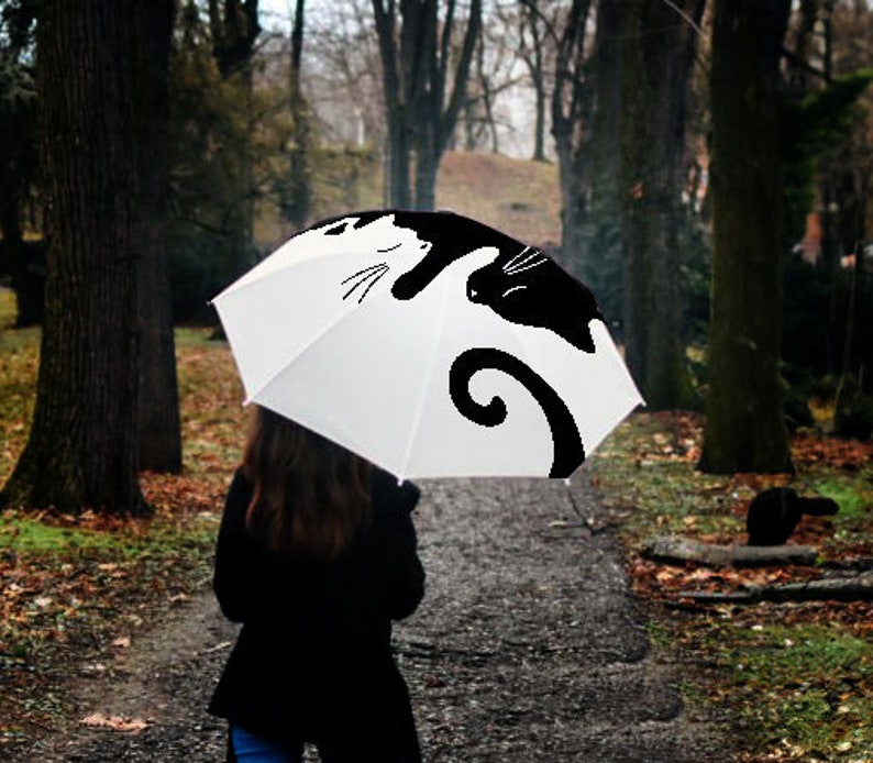 cute cat design umbrella, yin yang cats, elegant fashion accessory, cat lovers, compact fashion umbrella, unique 30th woman birthday present image 1