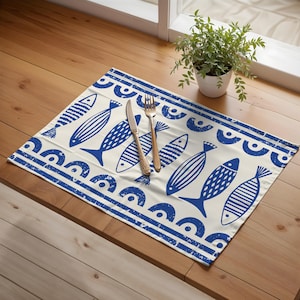 Blue Fish Bordure Placemat Set of 4 or 6,Stainless fabric,Fast colour,Indoor and Outdoor,Garden,Terrace use,Table decor