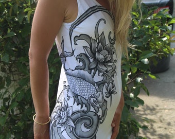 White women's summer dress with gray and black Japanese patterns. Sustainable clothing with its organic cotton.