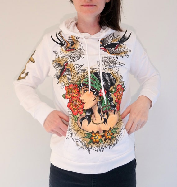 White women's hoodie hand painted old school tattoo, unique piece in red,  green and gold colors, navy ink,