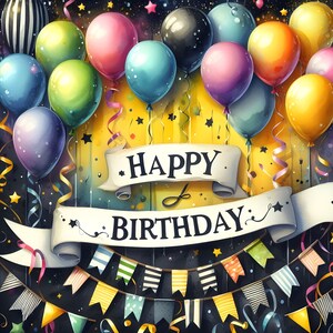 May include: A colorful birthday card with balloons and confetti. The card has a banner that says "Happy Birthday".