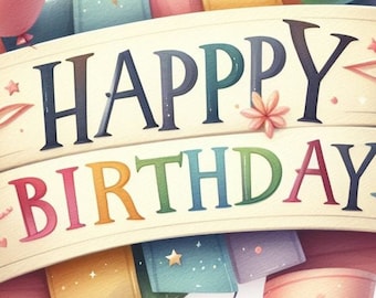 Placa de aniversário com balões em aquarela (PNG) (Download digital)