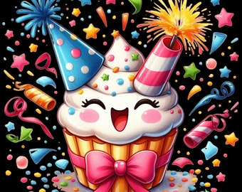 Clipart de cupcake de feliz aniversário – Festa infantil PNG (Download digital)