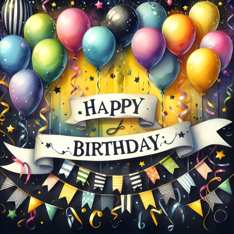 May include: A colorful birthday card with balloons and confetti. The card has a banner that says "Happy Birthday".
