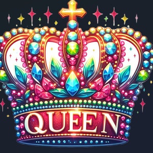 Peut inclure: Une couronne ornée de joyaux scintillants avec le mot "QUEEN" en lettres rouges sur le devant. La couronne est décorée de pierres précieuses colorées et a une base dorée.
