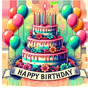 May include: A three-tiered birthday cake decorated with colorful flowers, dripping icing, and striped layers. The cake is surrounded by balloons in shades of pink, green, yellow, and blue. The cake is topped with lit candles and a banner that reads "HAPPY BIRTHDAY".