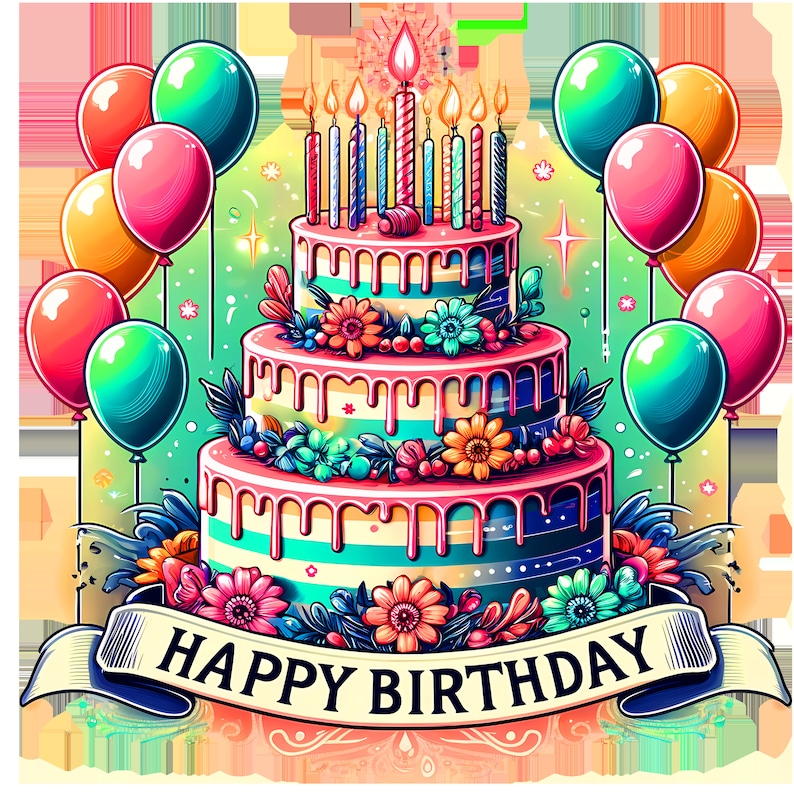 May include: A three-tiered birthday cake decorated with colorful flowers, dripping icing, and striped layers. The cake is surrounded by balloons in shades of pink, green, yellow, and blue. The cake is topped with lit candles and a banner that reads "HAPPY BIRTHDAY".